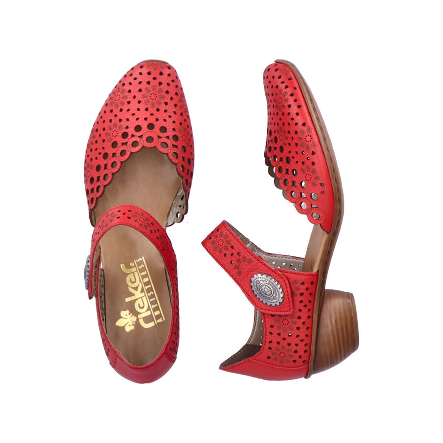 Rieker dabīgās ādas apavi, sarkanas sieviešu vasaras kurpes