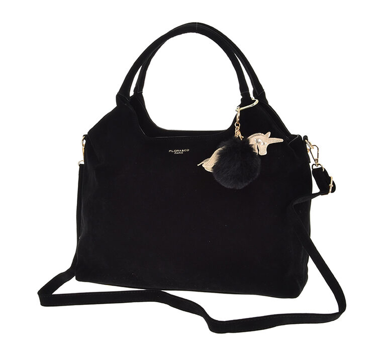 Flora&Co liela, melna mākslīgās zamšādas soma